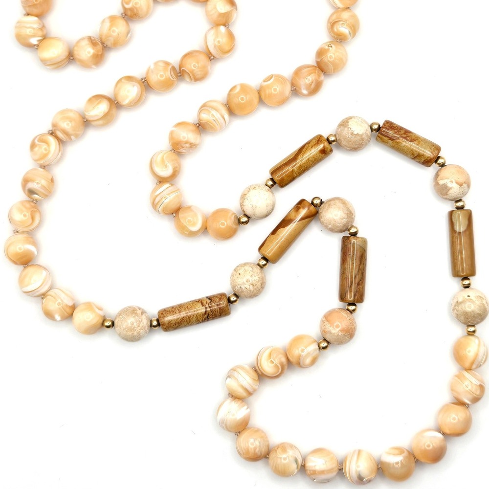 Vintage Mother of Pearl Shell Jasper Stone 8mm Bead Endless Strand Necklace 32"